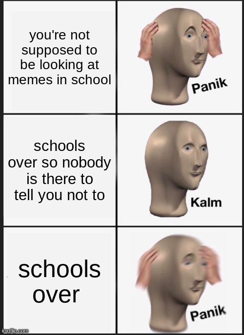 . | you're not supposed to be looking at memes in school; schools over so nobody is there to tell you not to; schools over | image tagged in memes,panik kalm panik | made w/ Imgflip meme maker