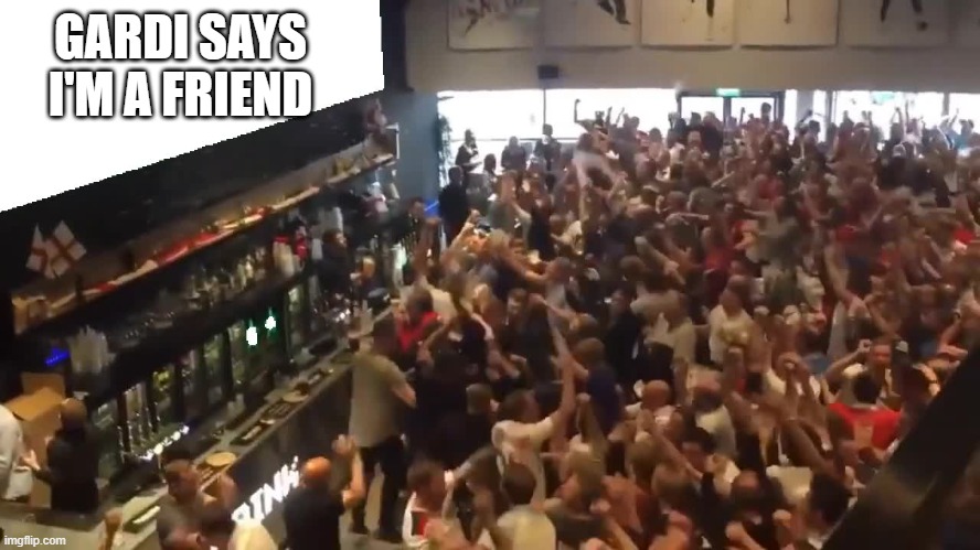 Crowd cheering | GARDI SAYS I'M A FRIEND | image tagged in crowd cheering | made w/ Imgflip meme maker