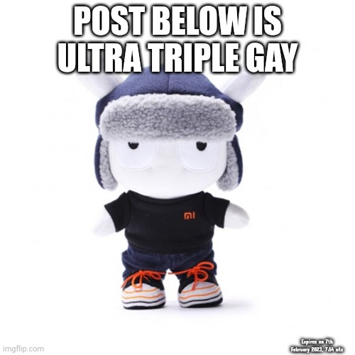 Xiaomi worker xiaomi bunny plushie | POST BELOW IS ULTRA TRIPLE GAY; Expires on 7th February 2023, 7:54 utc | image tagged in xiaomi worker xiaomi bunny plushie | made w/ Imgflip meme maker