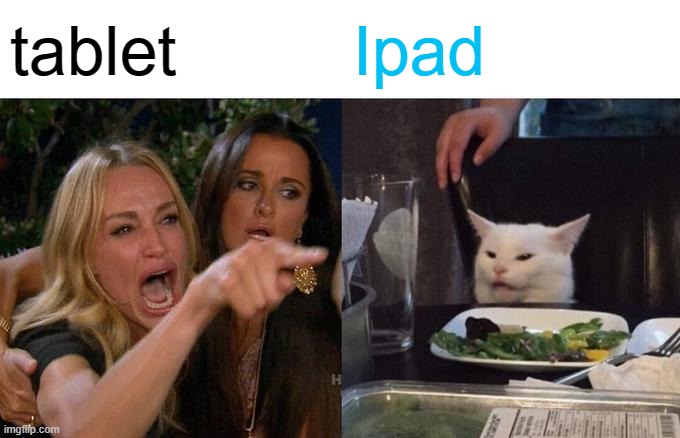 pov saying ipad different ways | tablet; Ipad | image tagged in memes,woman yelling at cat | made w/ Imgflip meme maker