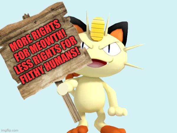 Vote meowth party | MORE RIGHTS FOR MEOWTH!
LESS RIGHTS FOR FILTHY HUMANS! | image tagged in vote,meowth,party,humans are covered,in germs,probably | made w/ Imgflip meme maker