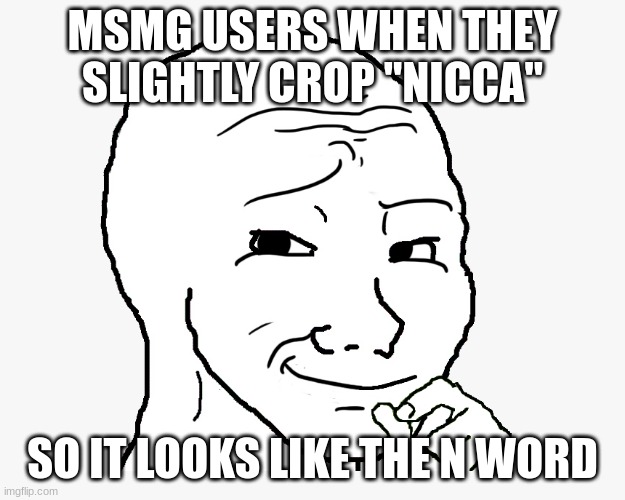 smug wojak | MSMG USERS WHEN THEY SLIGHTLY CROP "NICCA"; SO IT LOOKS LIKE THE N WORD | image tagged in smug wojak | made w/ Imgflip meme maker