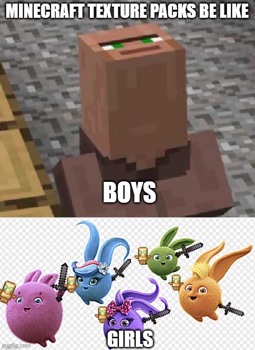 MINECRAFT TEXTURE PACKS BE LIKE; BOYS; GIRLS | image tagged in minecraft villager looking up,sunny bunnies with totems of undying and netherite swords | made w/ Imgflip meme maker