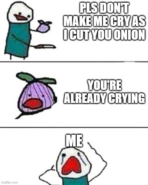 People cutting onions be like | PLS DON'T MAKE ME CRY AS I CUT YOU ONION; YOU'RE ALREADY CRYING; ME | image tagged in this onion won't make me cry | made w/ Imgflip meme maker
