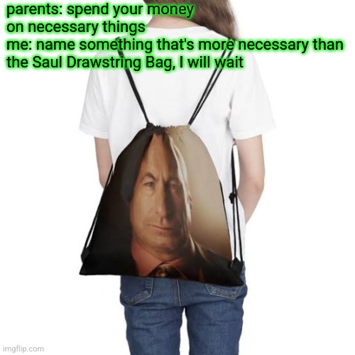 this is actually on etsy | parents: spend your money on necessary things
me: name something that's more necessary than the Saul Drawstring Bag, I will wait | made w/ Imgflip meme maker