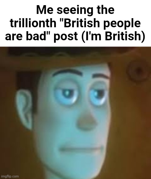 It's not funny | Me seeing the trillionth "British people are bad" post (I'm British) | image tagged in disappointed woody | made w/ Imgflip meme maker