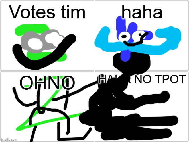 TPOT 4 in a nutshell | Votes tim; haha; OHNO; HAHA NO TPOT | image tagged in memes,blank comic panel 2x2,tpot,tpot 4 | made w/ Imgflip meme maker