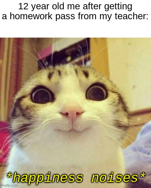 good feeling | 12 year old me after getting a homework pass from my teacher:; *happiness noises* | image tagged in memes,smiling cat | made w/ Imgflip meme maker