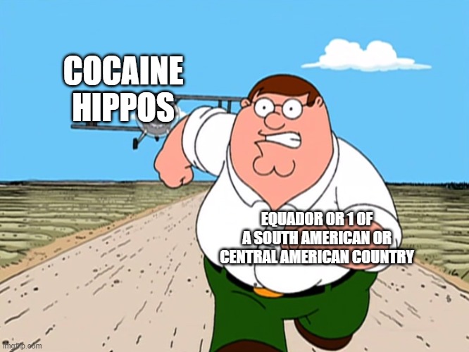 Peter Griffin running away | COCAINE HIPPOS; EQUADOR OR 1 OF A SOUTH AMERICAN OR CENTRAL AMERICAN COUNTRY | image tagged in peter griffin running away | made w/ Imgflip meme maker