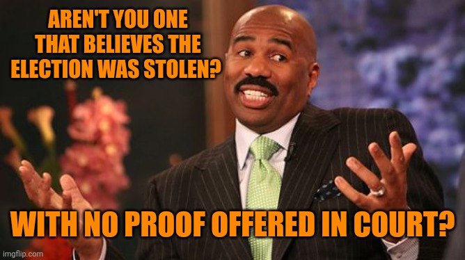 Steve Harvey Meme | AREN'T YOU ONE THAT BELIEVES THE ELECTION WAS STOLEN? WITH NO PROOF OFFERED IN COURT? | image tagged in memes,steve harvey | made w/ Imgflip meme maker