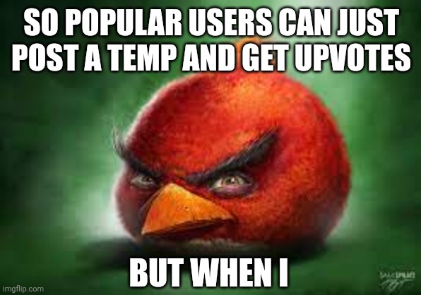 Idk | SO POPULAR USERS CAN JUST POST A TEMP AND GET UPVOTES; BUT WHEN I | image tagged in realistic red angry birds | made w/ Imgflip meme maker