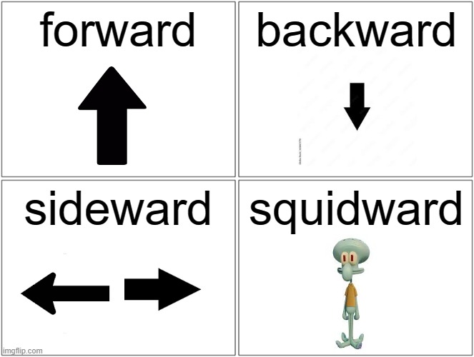 *says something in squidward | forward; backward; sideward; squidward | image tagged in memes,blank comic panel 2x2 | made w/ Imgflip meme maker