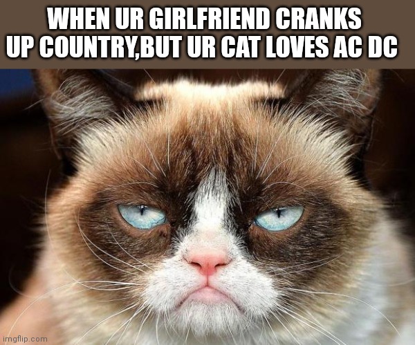 Grumpy Cat Not Amused | WHEN UR GIRLFRIEND CRANKS UP COUNTRY,BUT UR CAT LOVES AC DC | image tagged in memes,grumpy cat not amused,grumpy cat | made w/ Imgflip meme maker