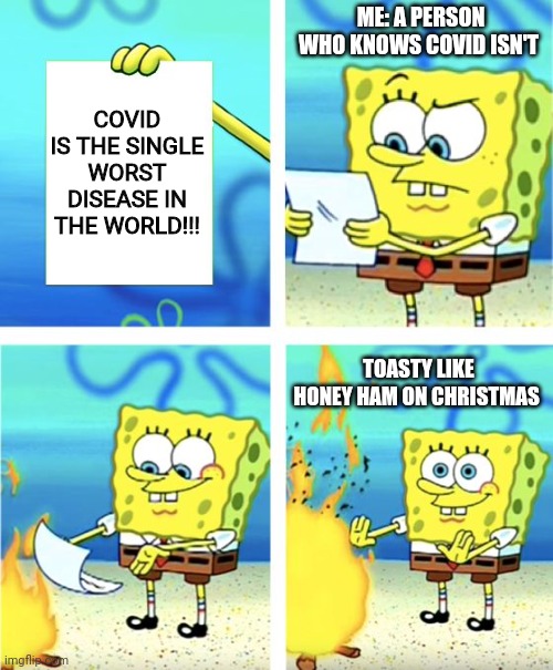 When you know coronavirus was just a slightly potent flu | ME: A PERSON WHO KNOWS COVID ISN'T; COVID IS THE SINGLE WORST DISEASE IN THE WORLD!!! TOASTY LIKE HONEY HAM ON CHRISTMAS | image tagged in spongebob burning paper | made w/ Imgflip meme maker