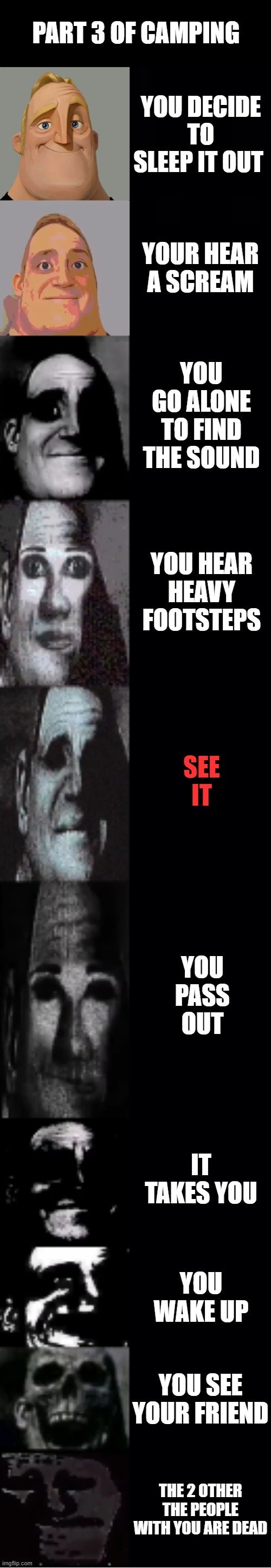 btw im making 4 parts | PART 3 OF CAMPING; YOU DECIDE TO SLEEP IT OUT; YOUR HEAR A SCREAM; YOU GO ALONE TO FIND THE SOUND; YOU HEAR HEAVY FOOTSTEPS; SEE IT; YOU PASS OUT; IT TAKES YOU; YOU WAKE UP; YOU SEE YOUR FRIEND; THE 2 OTHER THE PEOPLE WITH YOU ARE DEAD | image tagged in mr incredible becoming uncanny | made w/ Imgflip meme maker