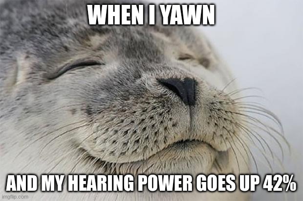 Me after driving up a mountain: | WHEN I YAWN; AND MY HEARING POWER GOES UP 42% | image tagged in memes,satisfied seal | made w/ Imgflip meme maker