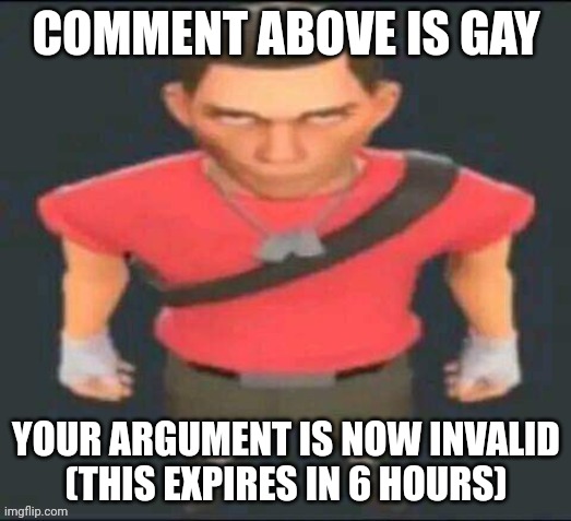 scout but I saved it so I don’t forget | COMMENT ABOVE IS GAY YOUR ARGUMENT IS NOW INVALID
(THIS EXPIRES IN 6 HOURS) | image tagged in scout but i saved it so i don t forget | made w/ Imgflip meme maker