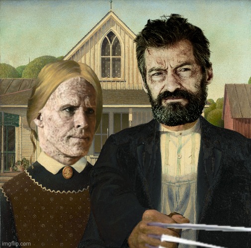 Wade and Logan do American Gothic | image tagged in deadpool,logan,american gothic,fantasy painting,marvel,funny | made w/ Imgflip meme maker