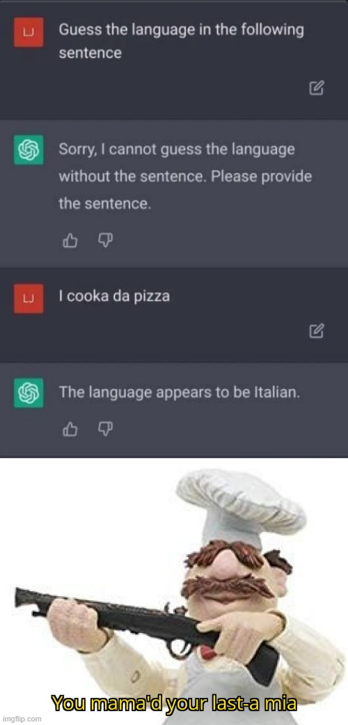 pizza = italian | image tagged in you mama'd your last-a mia,funny | made w/ Imgflip meme maker