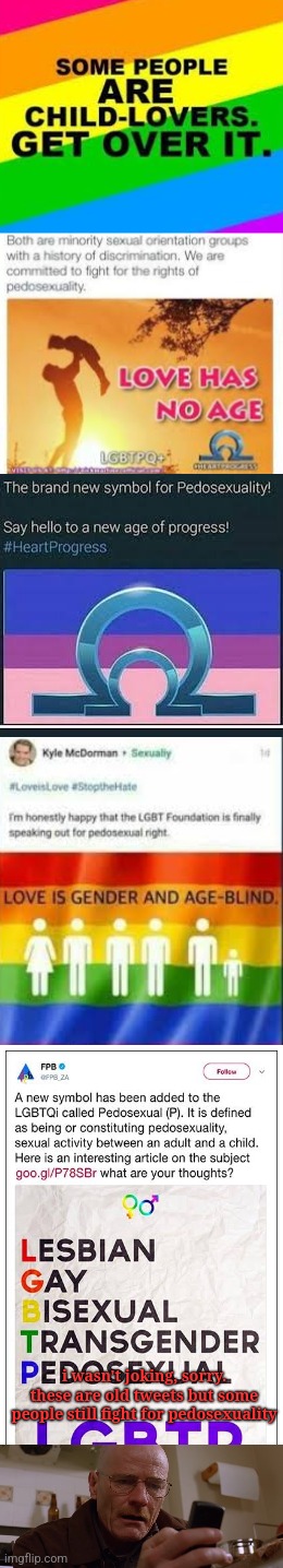 i wasn't joking, sorry.
these are old tweets but some people still fight for pedosexuality | made w/ Imgflip meme maker