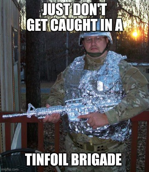 'Brave' tin foil brigade :-D | JUST DON'T GET CAUGHT IN A TINFOIL BRIGADE | image tagged in 'brave' tin foil brigade -d | made w/ Imgflip meme maker