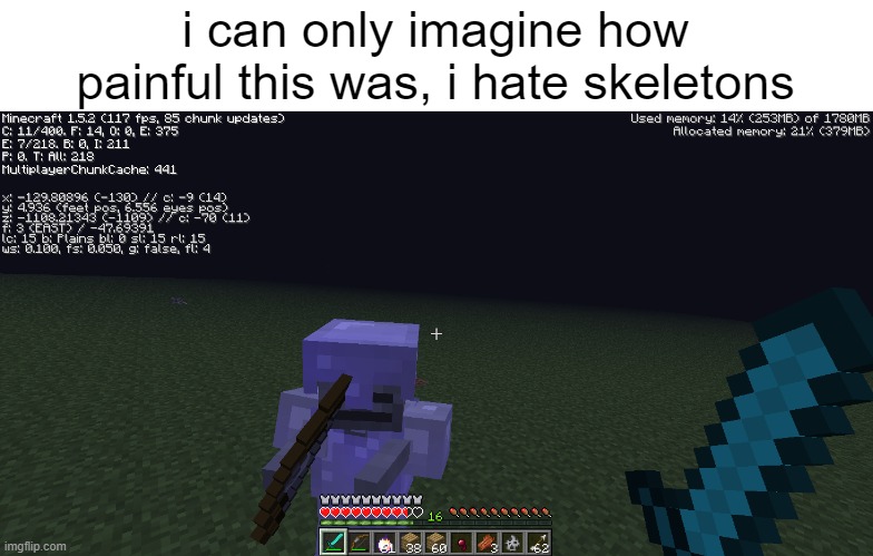 another goofy minecraft screenshot i took for some reason (there aren't shields in this version btw) | i can only imagine how painful this was, i hate skeletons | made w/ Imgflip meme maker