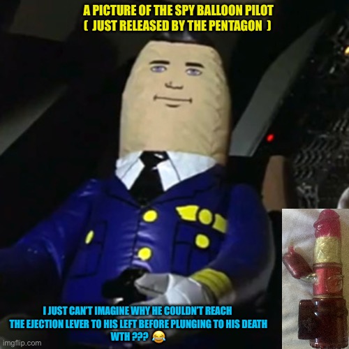 NOT REALLY …. CALM YOURSELVES !   : ) | A PICTURE OF THE SPY BALLOON PILOT
(  JUST RELEASED BY THE PENTAGON  ); I JUST CAN’T IMAGINE WHY HE COULDN’T REACH 
THE EJECTION LEVER TO HIS LEFT BEFORE PLUNGING TO HIS DEATH
WTH ???  😂 | image tagged in auto pilot airplane | made w/ Imgflip meme maker