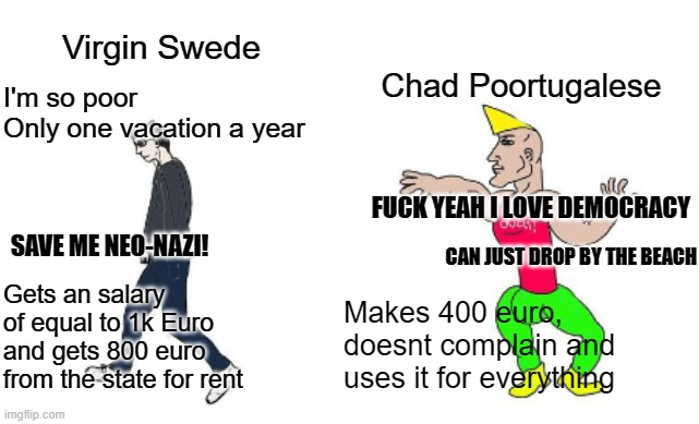 Virgin vs Chad | Virgin Swede; Chad Poortugalese; I'm so poor 
Only one vacation a year; SAVE ME NEO-NAZI! FUCK YEAH I LOVE DEMOCRACY; CAN JUST DROP BY THE BEACH; Gets an salary of equal to 1k Euro and gets 800 euro from the state for rent; Makes 400 euro, doesnt complain and uses it for everything | image tagged in virgin vs chad,2westerneurope4u | made w/ Imgflip meme maker