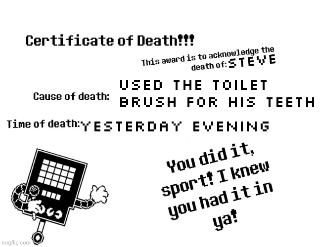 death | STEVE; USED THE TOILET BRUSH FOR HIS TEETH; YESTERDAY EVENING | image tagged in death | made w/ Imgflip meme maker