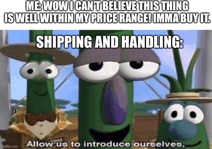 So annoying | ME: WOW I CAN’T BELIEVE THIS THING IS WELL WITHIN MY PRICE RANGE! IMMA BUY IT. SHIPPING AND HANDLING: | image tagged in veggietales 'allow us to introduce ourselfs' | made w/ Imgflip meme maker