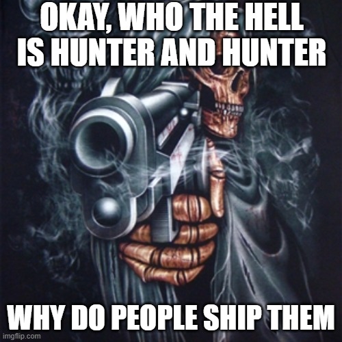 Edgy Skeleton | OKAY, WHO THE HELL IS HUNTER AND HUNTER; WHY DO PEOPLE SHIP THEM | image tagged in edgy skeleton | made w/ Imgflip meme maker