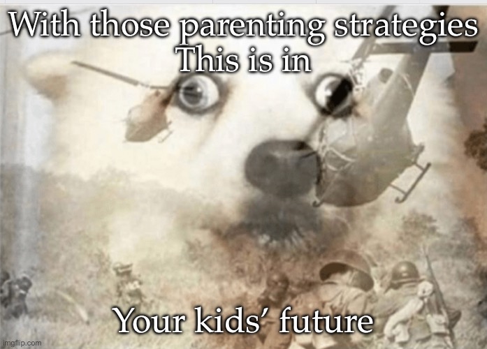 PTSD dog | With those parenting strategies
This is in; Your kids’ future | image tagged in ptsd dog | made w/ Imgflip meme maker