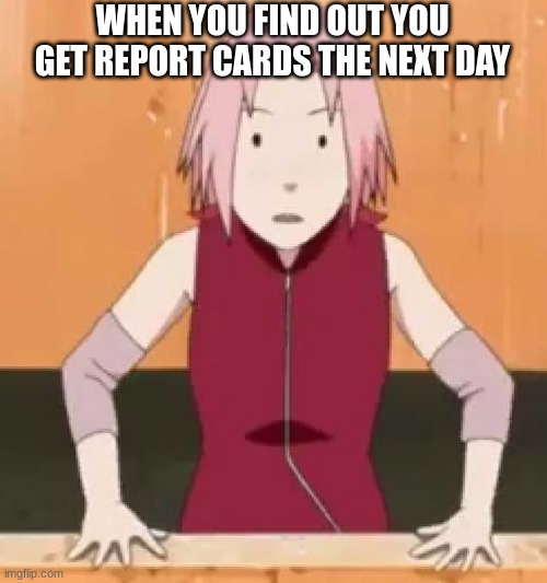 Sakura and Report CArds | WHEN YOU FIND OUT YOU GET REPORT CARDS THE NEXT DAY | image tagged in anime meme,report card,naruto sasuke and sakura,naruto,work,grades | made w/ Imgflip meme maker