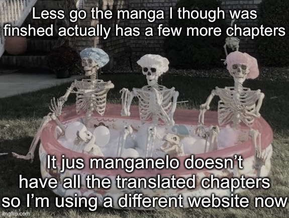 Skeleton pool | Less go the manga I though was finshed actually has a few more chapters; It jus manganelo doesn’t have all the translated chapters so I’m using a different website now | image tagged in skeleton pool | made w/ Imgflip meme maker