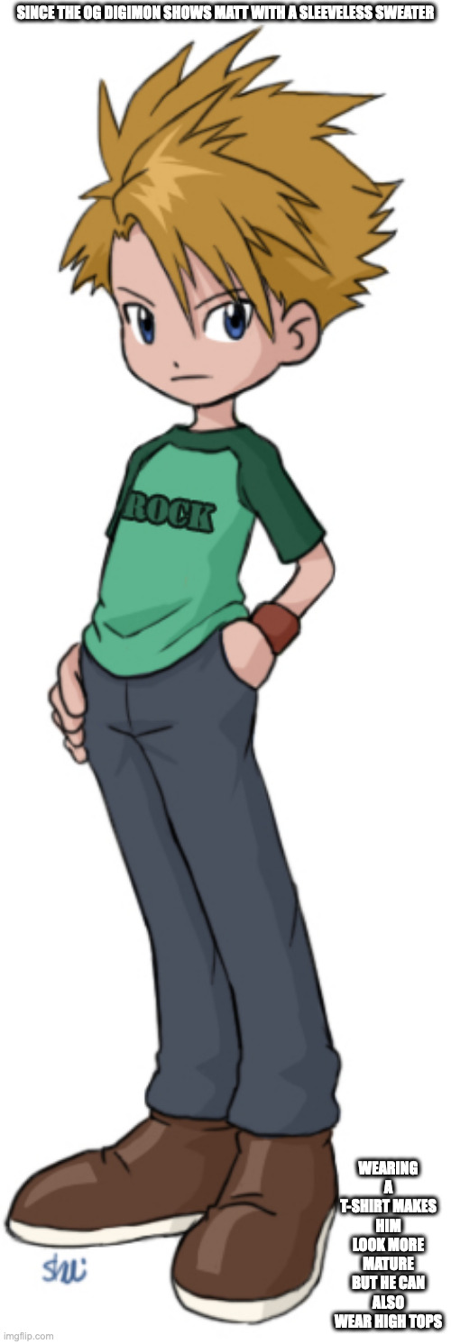 Matt With T-Shirt | SINCE THE OG DIGIMON SHOWS MATT WITH A SLEEVELESS SWEATER; WEARING A T-SHIRT MAKES HIM LOOK MORE MATURE BUT HE CAN ALSO WEAR HIGH TOPS | image tagged in digimon,matt ishida,memes | made w/ Imgflip meme maker