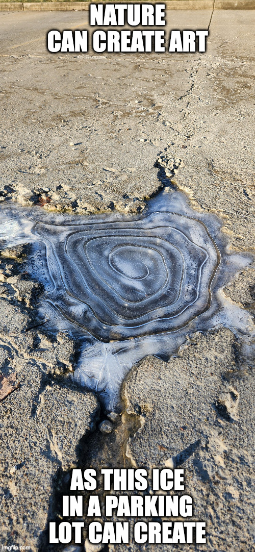 Parking Lot Ice | NATURE CAN CREATE ART; AS THIS ICE IN A PARKING LOT CAN CREATE | image tagged in ice,parking lot,memes | made w/ Imgflip meme maker