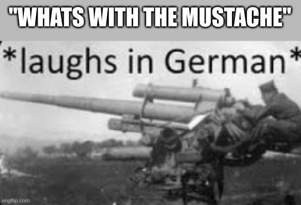 Laughs in German | "WHATS WITH THE MUSTACHE" | image tagged in laughs in german | made w/ Imgflip meme maker