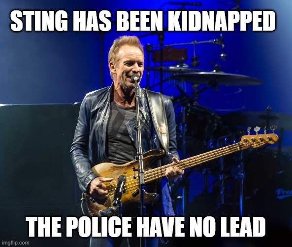 Sting bad dad | STING HAS BEEN KIDNAPPED; THE POLICE HAVE NO LEAD | image tagged in sting,bad dad,punnish | made w/ Imgflip meme maker