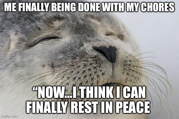 Satisfied Seal | ME FINALLY BEING DONE WITH MY CHORES; “NOW…I THINK I CAN FINALLY REST IN PEACE | image tagged in memes,satisfied seal | made w/ Imgflip meme maker