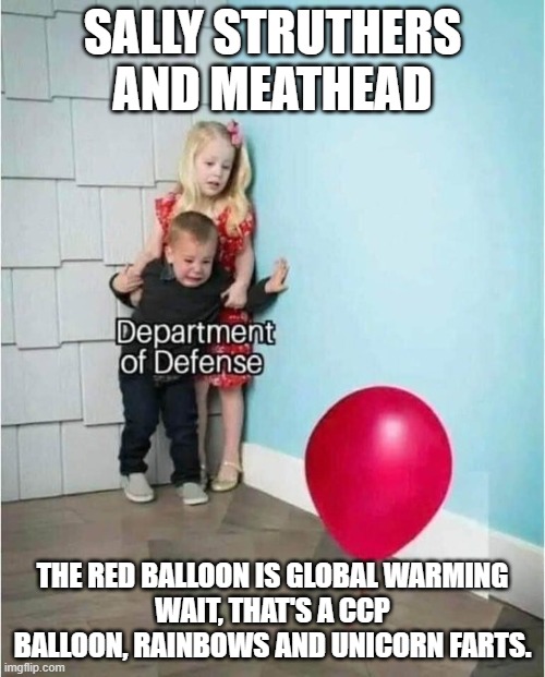 Rob Reiner and Sally Struthers | SALLY STRUTHERS AND MEATHEAD; THE RED BALLOON IS GLOBAL WARMING
WAIT, THAT'S A CCP BALLOON, RAINBOWS AND UNICORN FARTS. | image tagged in rob reiner and sally struthers | made w/ Imgflip meme maker