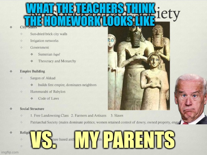 Mesopotamia | WHAT THE TEACHERS THINK THE HOMEWORK LOOKS LIKE; VS.     MY PARENTS | image tagged in mesopotamian society | made w/ Imgflip meme maker