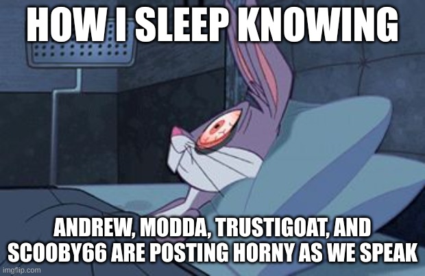 Don't look at their submissions. | HOW I SLEEP KNOWING; ANDREW, MODDA, TRUSTIGOAT, AND SCOOBY66 ARE POSTING HORNY AS WE SPEAK | image tagged in bugs bunny can't sleep | made w/ Imgflip meme maker