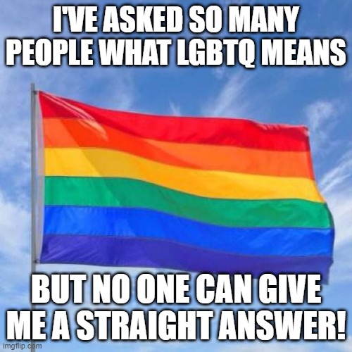 Meaning | I'VE ASKED SO MANY PEOPLE WHAT LGBTQ MEANS; BUT NO ONE CAN GIVE ME A STRAIGHT ANSWER! | image tagged in gay pride flag | made w/ Imgflip meme maker