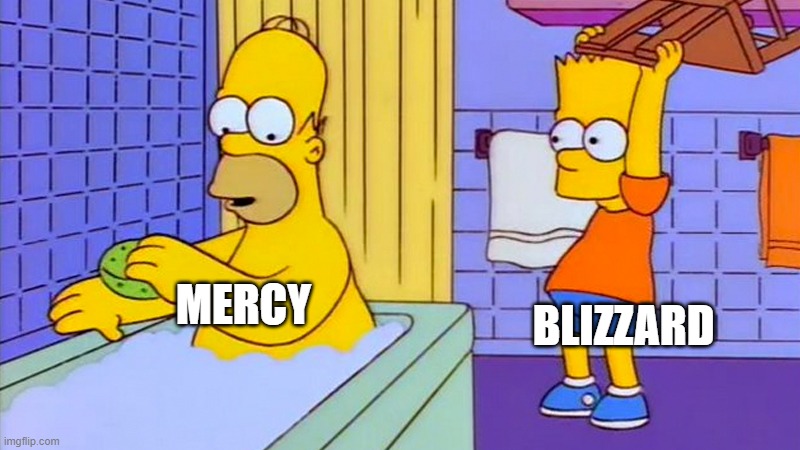 Mercy Nerf | BLIZZARD; MERCY | image tagged in bart hitting homer with a chair | made w/ Imgflip meme maker