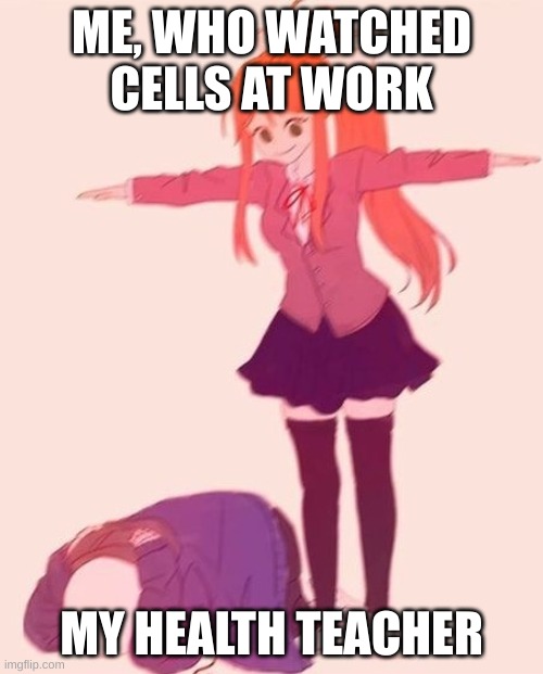 anime t pose | ME, WHO WATCHED CELLS AT WORK; MY HEALTH TEACHER | image tagged in anime t pose,anime,funny | made w/ Imgflip meme maker