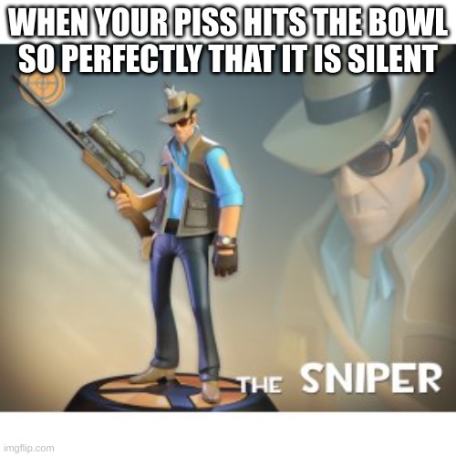 The Sniper TF2 meme | WHEN YOUR PISS HITS THE BOWL SO PERFECTLY THAT IT IS SILENT | image tagged in the sniper tf2 meme | made w/ Imgflip meme maker