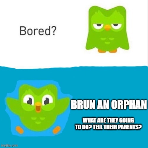 Bored? ______________! | BRUN AN ORPHAN; WHAT ARE THEY GOING TO DO? TELL THEIR PARENTS? | image tagged in bored ______________ | made w/ Imgflip meme maker