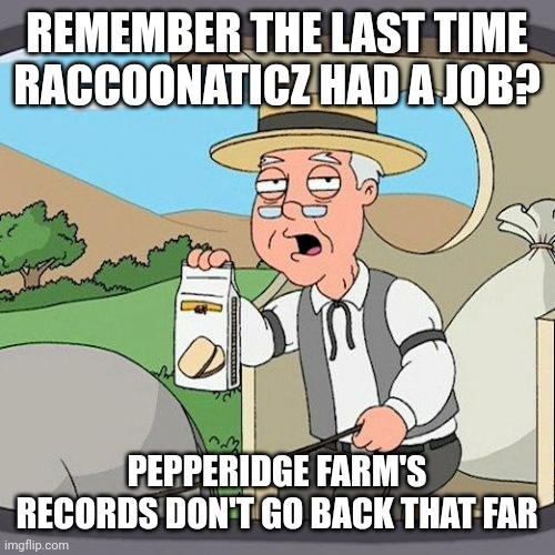 Pepperidge Farm Remembers | REMEMBER THE LAST TIME RACCOONATICZ HAD A JOB? PEPPERIDGE FARM'S RECORDS DON'T GO BACK THAT FAR | image tagged in memes,pepperidge farm remembers | made w/ Imgflip meme maker