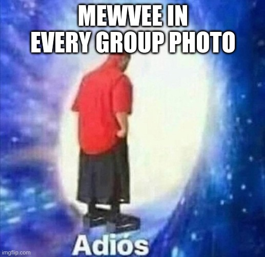 Adios | MEWVEE IN EVERY GROUP PHOTO | image tagged in adios | made w/ Imgflip meme maker