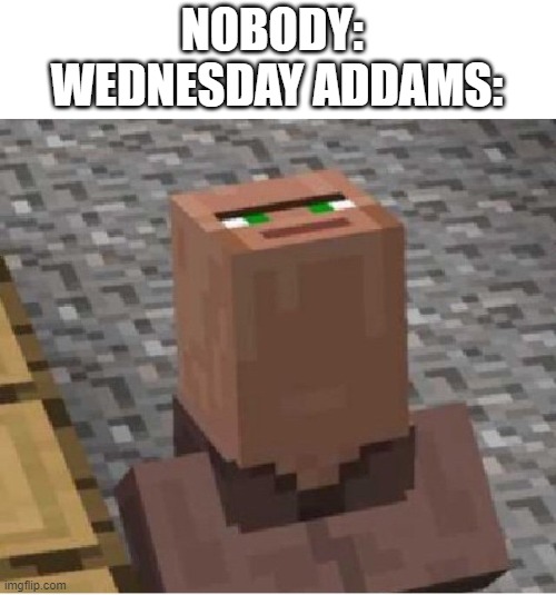 Pls don't attack me in the comments | NOBODY: 
WEDNESDAY ADDAMS: | image tagged in minecraft villager looking up | made w/ Imgflip meme maker